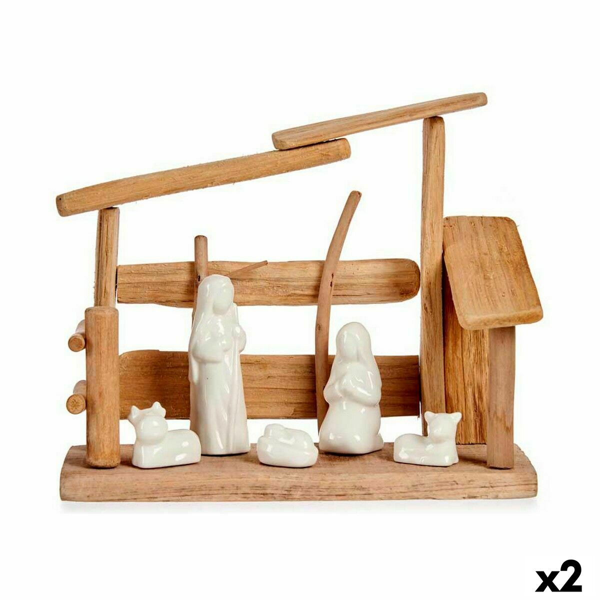Jouluseimi puu & valkoinen keramiikka, 10 x 21 x 25 cm, 2 kpl seimiasetelma