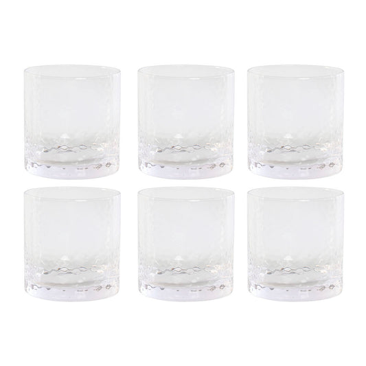 Juomalasisetti 6 kpl, läpinäkyvä kristalli reliefillä, arkeen & juhlaan – 8,4×8,4×9 cm
