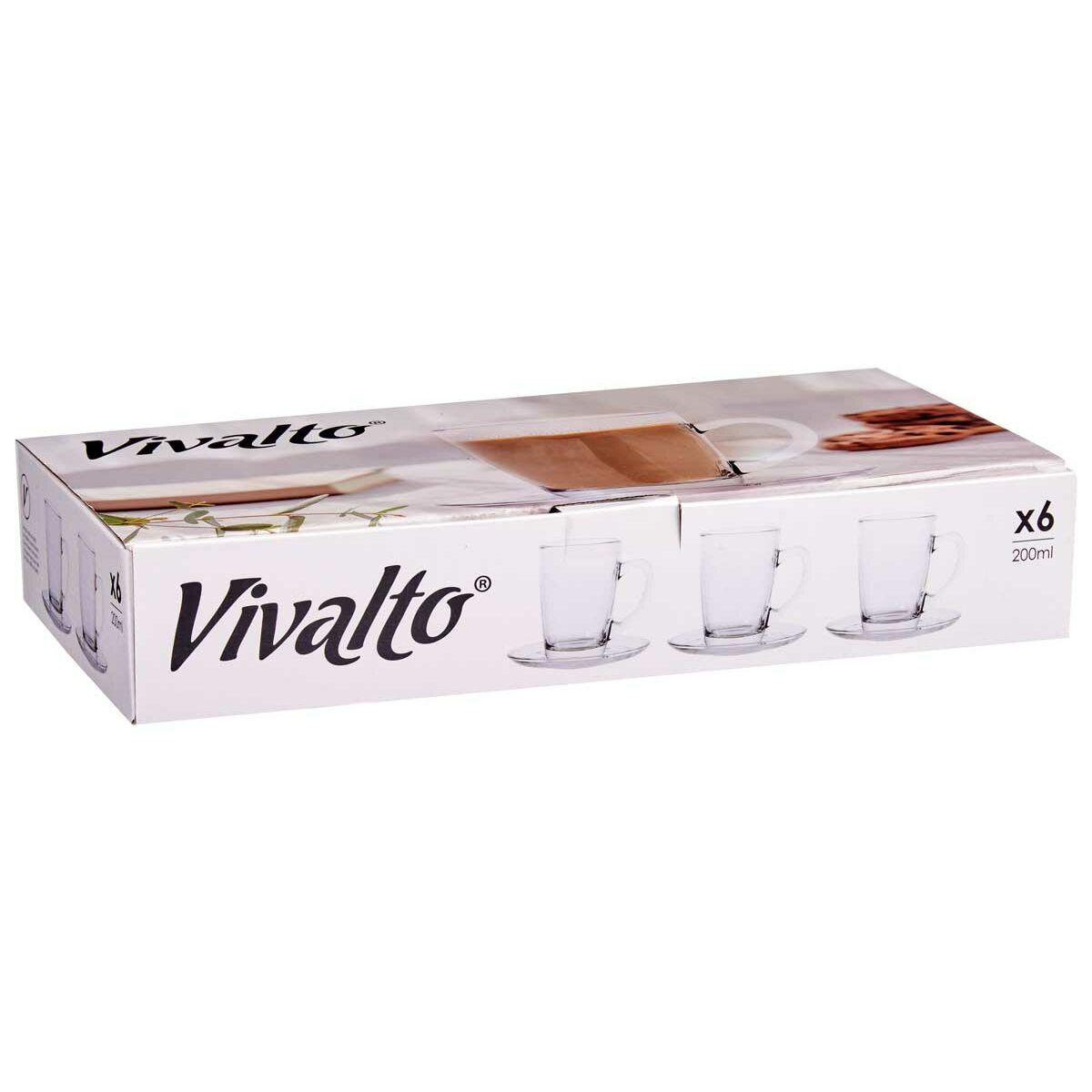 Kahvikuppi ja lautanen 200 ml, 6 kpl - läpinäkyvä lasi, kahvi & tee setti