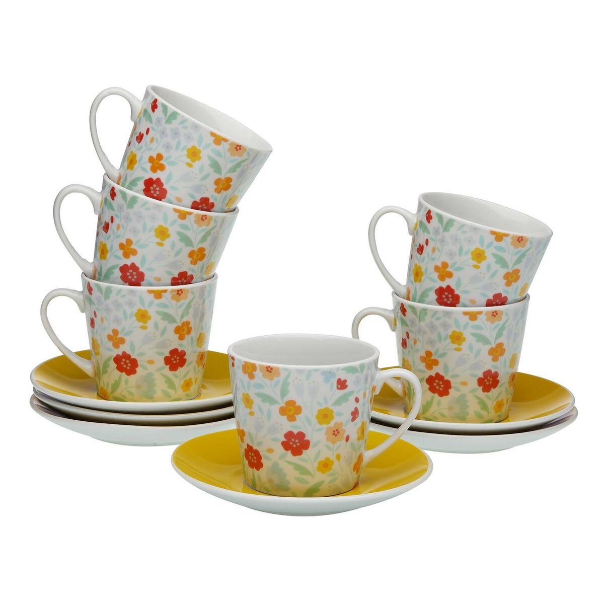 Kahvikuppisetti 6 osaa posliinia, kukkakuvio & lautaset 14 cm kupit 10,5×8×6 cm