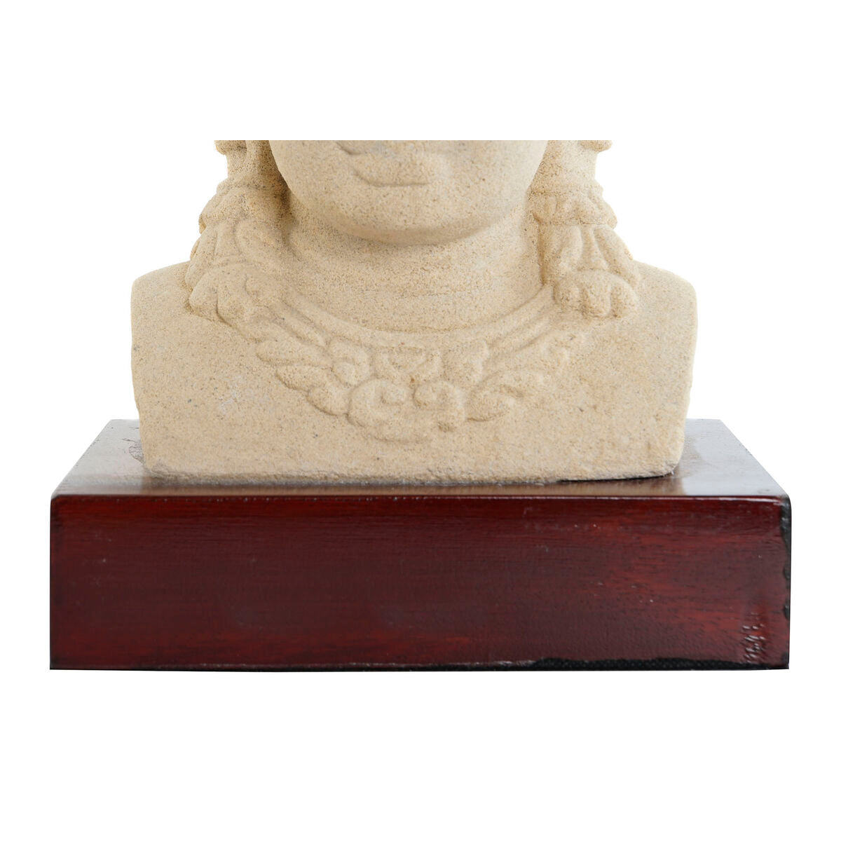 Koristepatsas buddha-pää, sementti & puualusta, 21 x 17 x 37 cm, ruskea