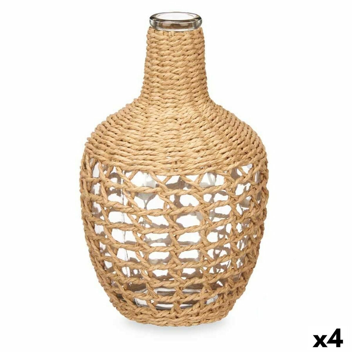 Koristepullo lasia, punottu luonnonköysi ulkokuori 17×31 cm, 4 kpl, boho kotiin