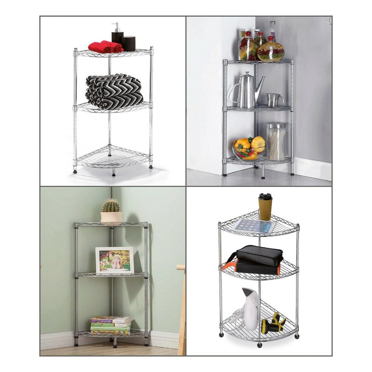 Kulmahylly 3 tasoa kromattu 35 x 35 x 70 cm - metallinen kulmasäilytys, hylly
