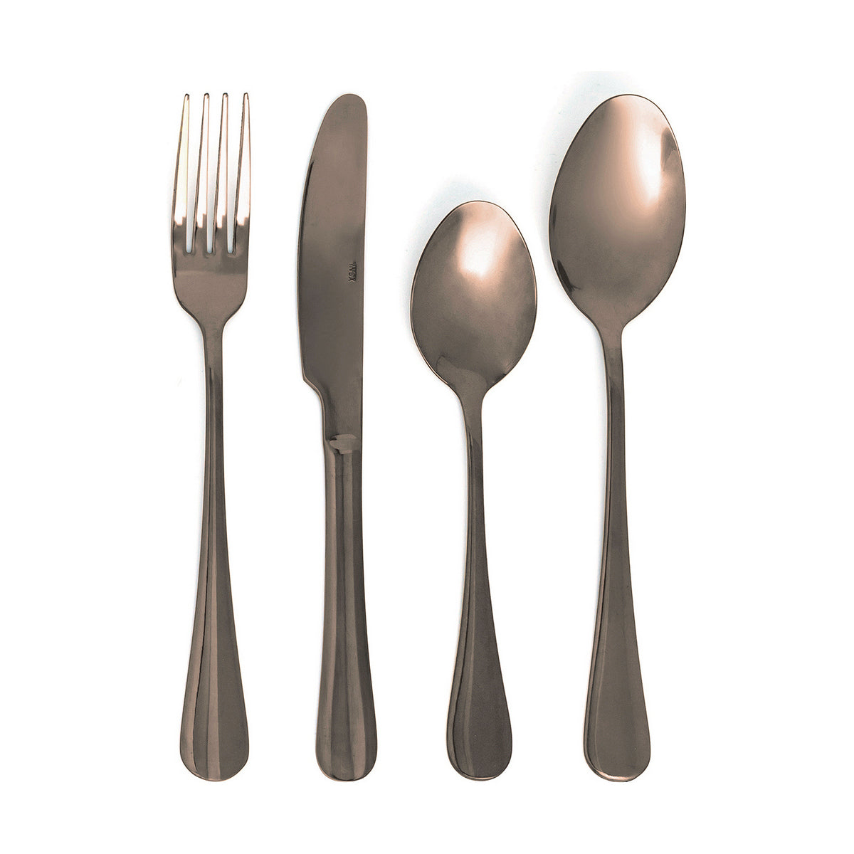 24-osainen aterinsetti, astianpesukoneeseen sopiva, kuparinvärinen metalli 26 cm