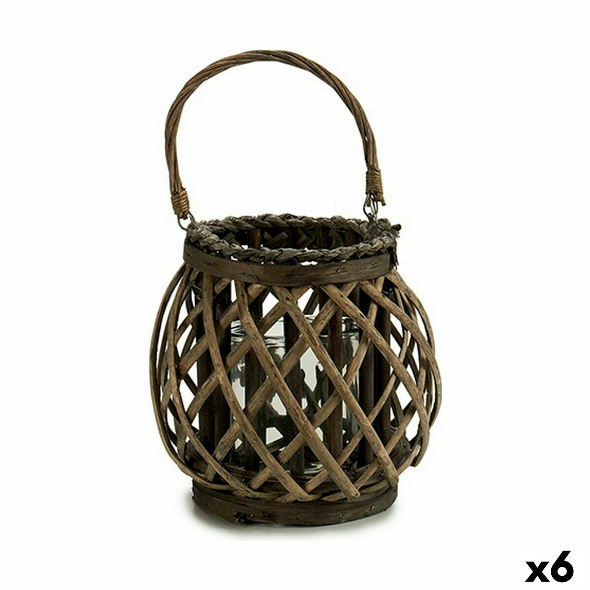 Kynttilälyhty punottu kori lasi-sisällä, ruskea/harmaa, 29,5x24x22 cm (6 kpl)