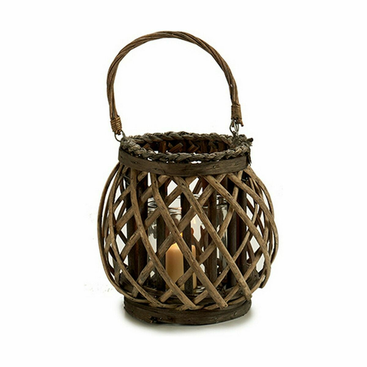 Kynttilälyhty punottu kori lasi-sisällä, ruskea/harmaa, 29,5x24x22 cm (6 kpl)