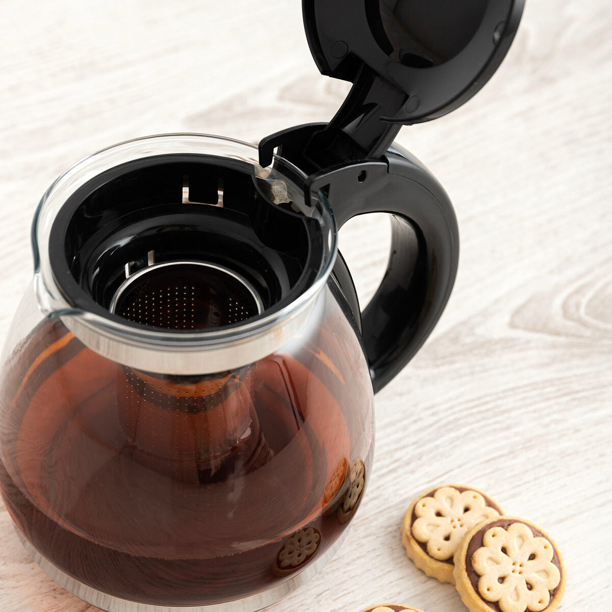 Lasinen teekannu 1,5 l suodattimella - ruostumaton teräs, läpinäkyvä, moderni