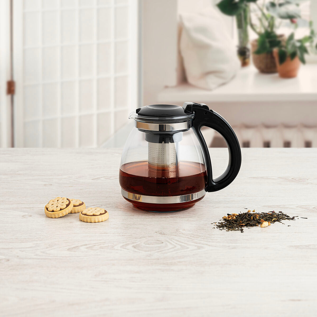 Lasinen teekannu 1,5 l suodattimella - ruostumaton teräs, läpinäkyvä, moderni