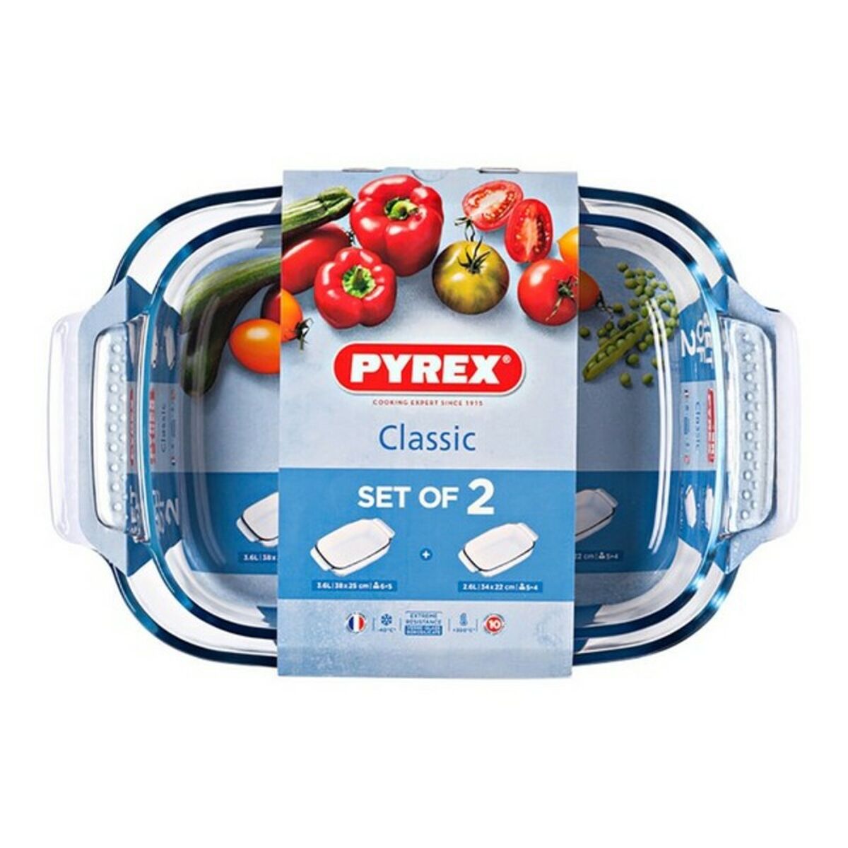 Lasinen uunivuokasetti uuniin & pakastimeen 2-osainen 39×25 & 35×23 cm, Pyrex