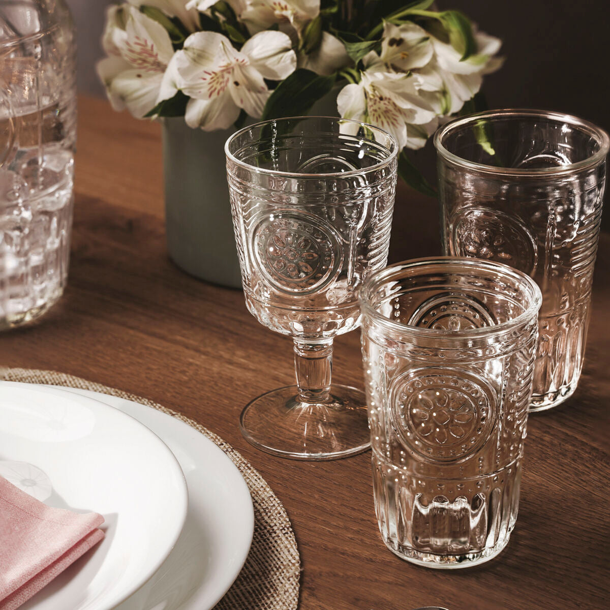 Juomalasi 340 ml 6 kpl, läpinäkyvä kuvioitu Romantic-malli - Bormioli Rocco