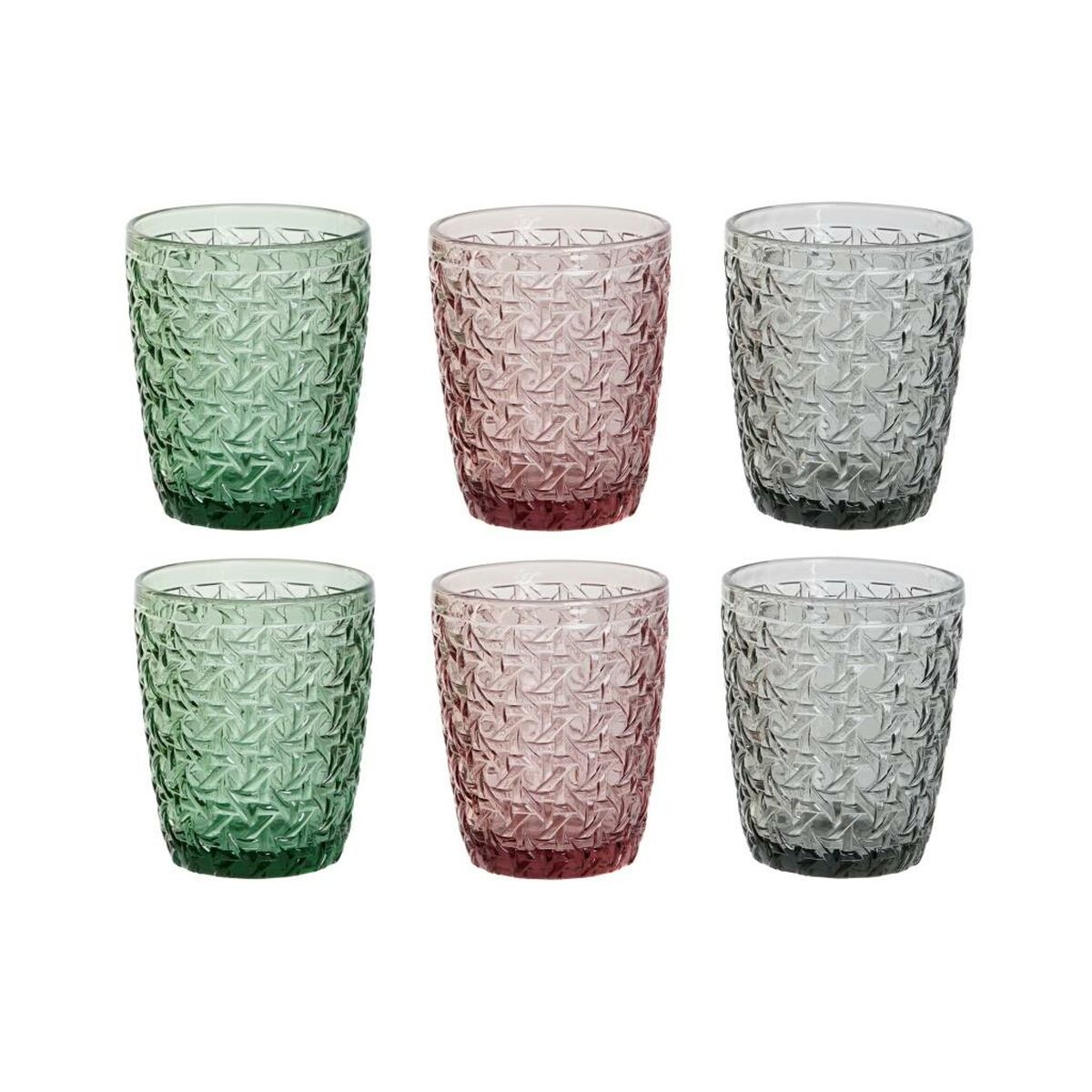 Lasisetti 6 kpl 240 ml, kohokuvioidut juomalasit vihreä harmaa pinkki