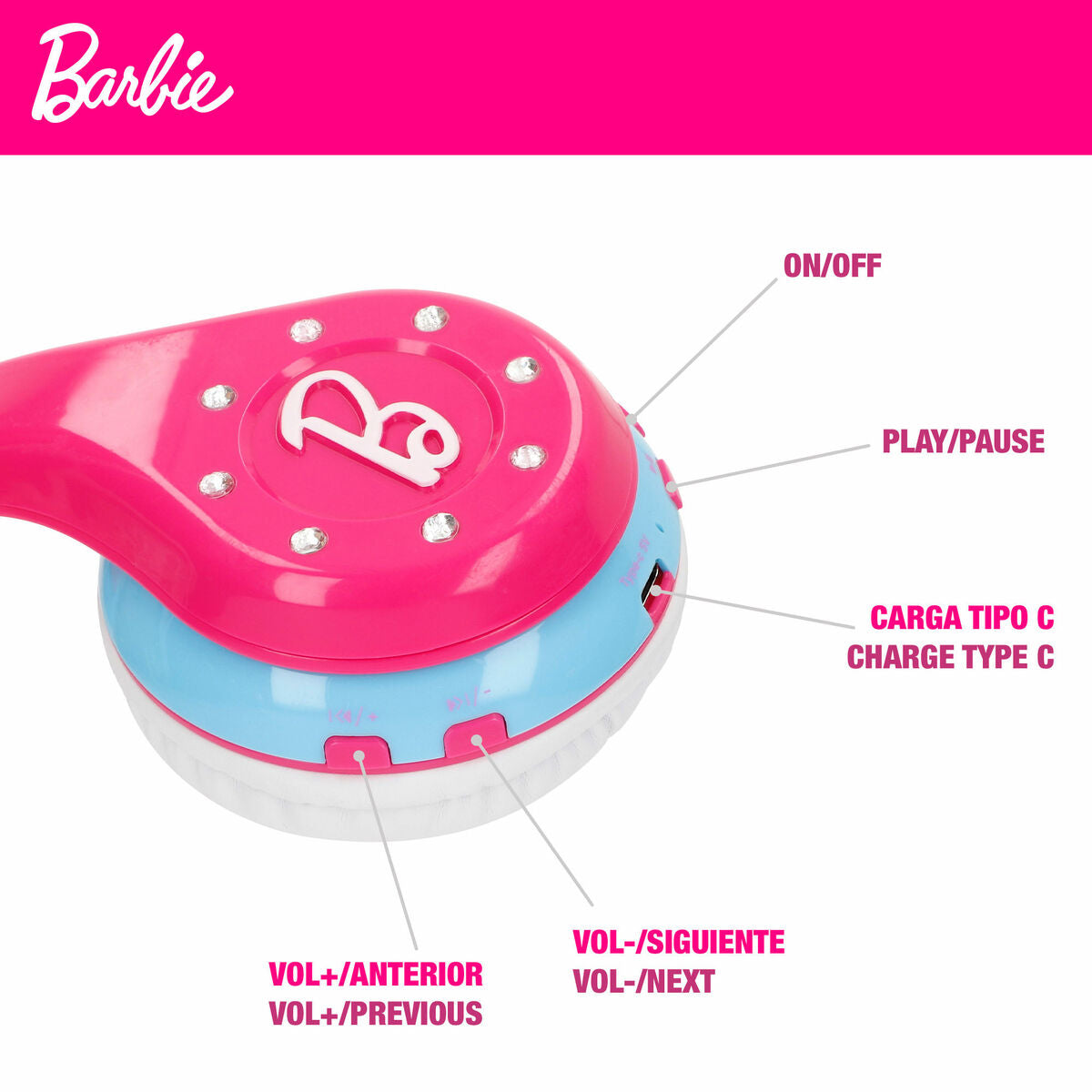 Lasten Bluetooth-kuulokkeet LED-valoilla & mikrofoni-kaiuttimella, Barbie