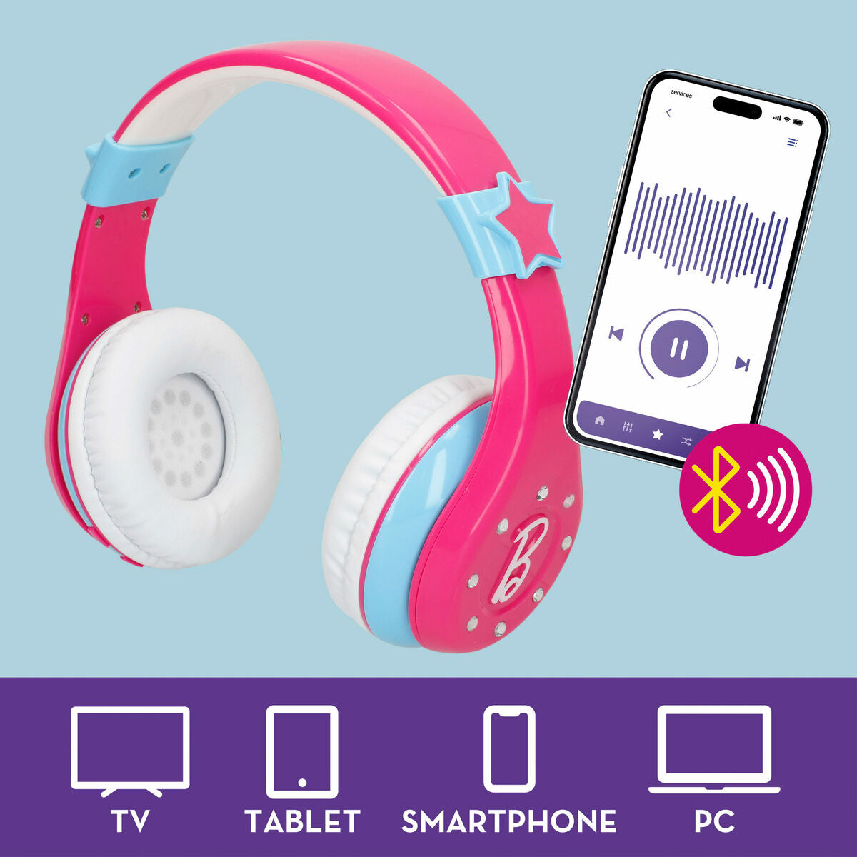 Lasten Bluetooth-kuulokkeet LED-valoilla & mikrofoni-kaiuttimella, Barbie