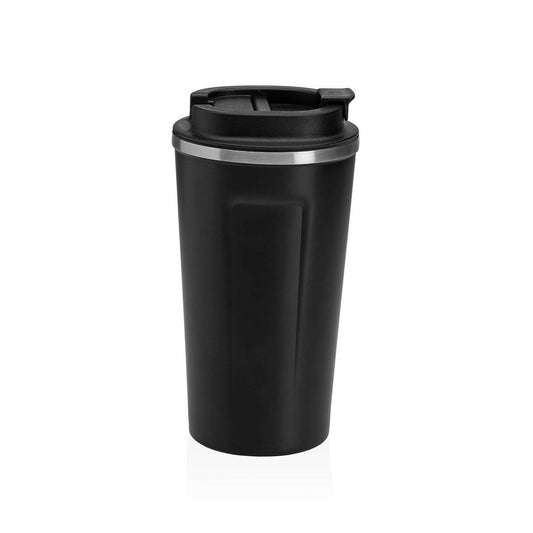 Matkamuki 510 ml musta - kannellinen juomamuki, teräsrunko & polypropeeni kansi