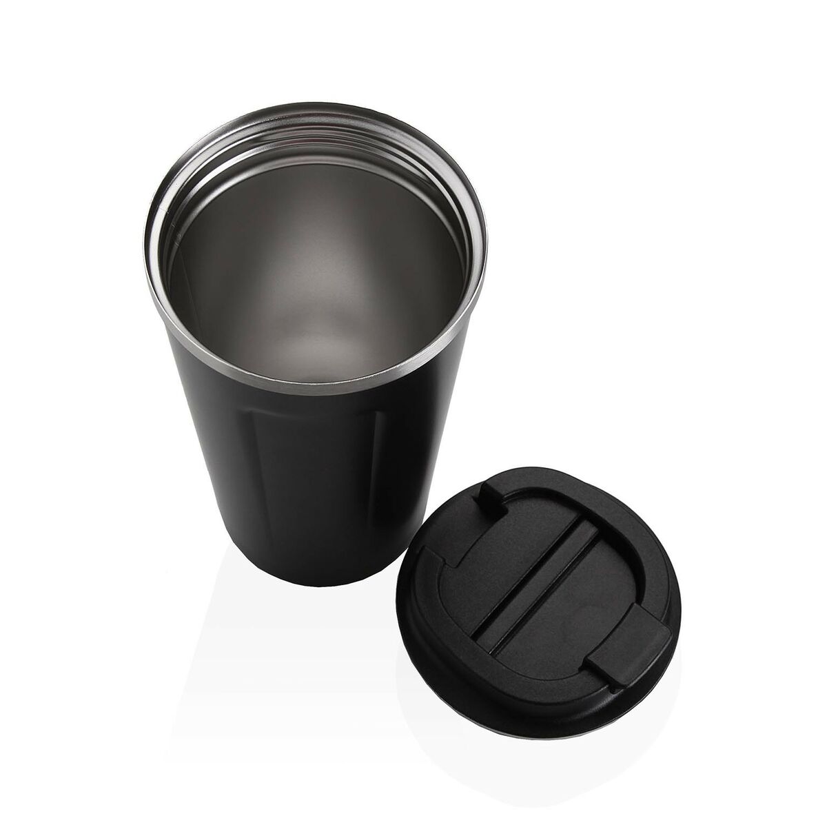 Matkamuki 510 ml musta - kannellinen juomamuki, teräsrunko & polypropeeni kansi