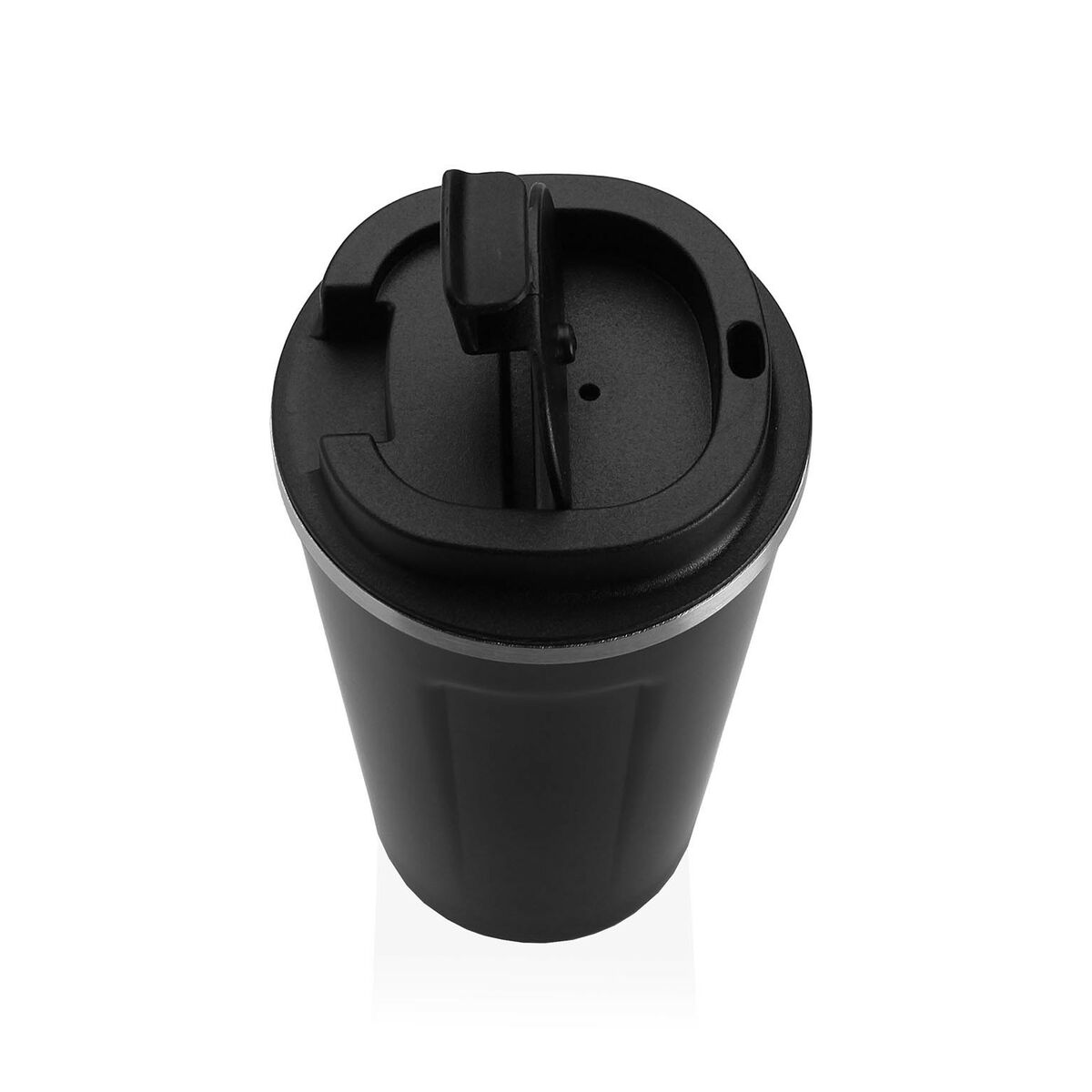 Matkamuki 510 ml musta - kannellinen juomamuki, teräsrunko & polypropeeni kansi