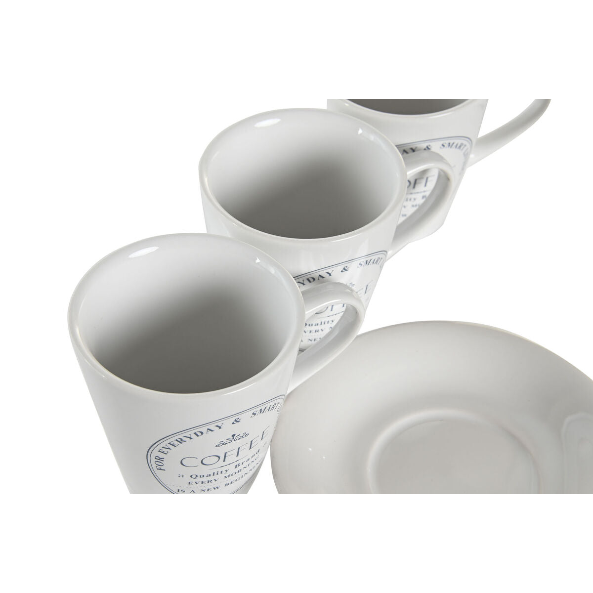 Mukisetti 6 kpl aluslautasilla 180 ml, valkoinen keramiikka & metalliteline