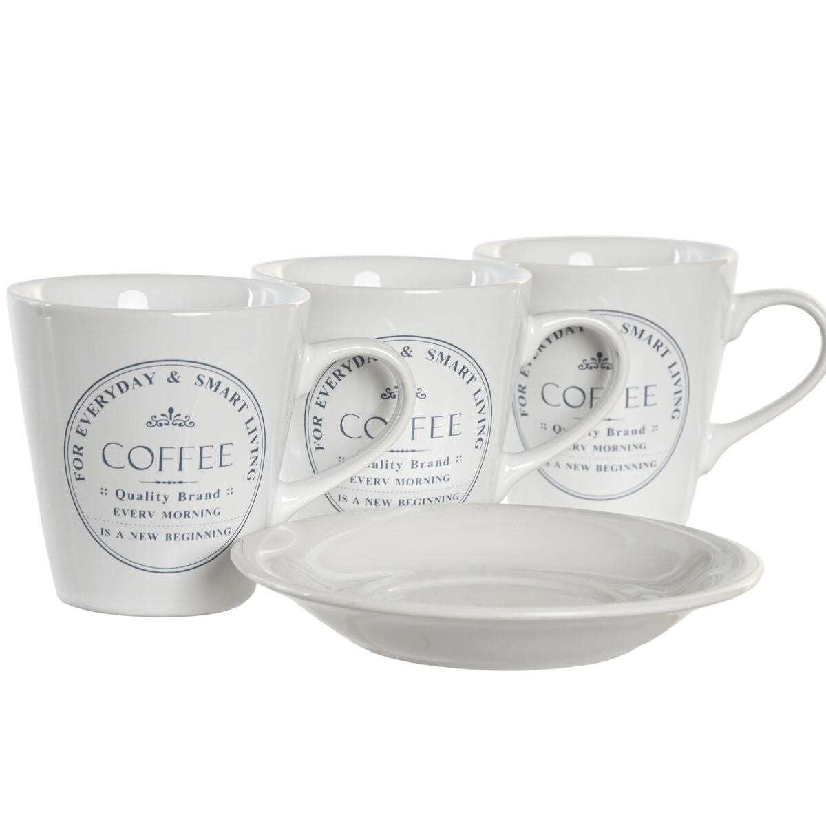 Mukisetti 6 kpl aluslautasilla 180 ml, valkoinen keramiikka & metalliteline