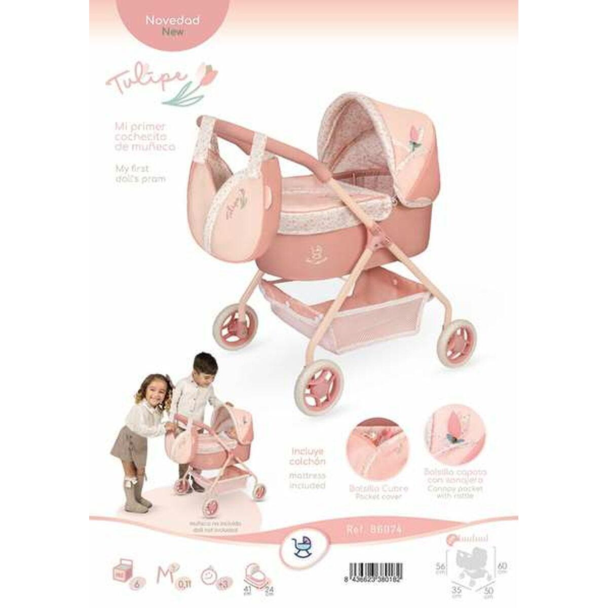 Nukenvaunut kantokopalla & laukulla, beige kukkakuosi, 3+ v - Decuevas