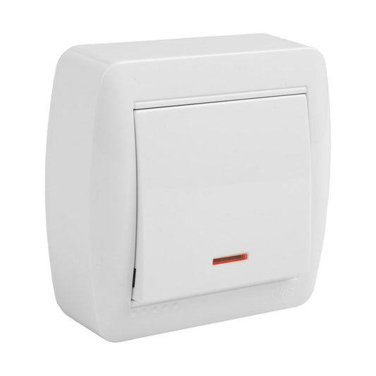 Pinta-asennettava kytkin merkkivalolla 10 A 250 V, valkoinen 7,4x7,2x2,8 cm