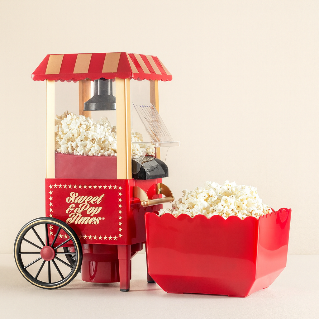 Popcornkone kuumailma, rasvaton/öljytön vintage-kärry 1200 W – lahja lapselle teemajuhlat – kuva 1