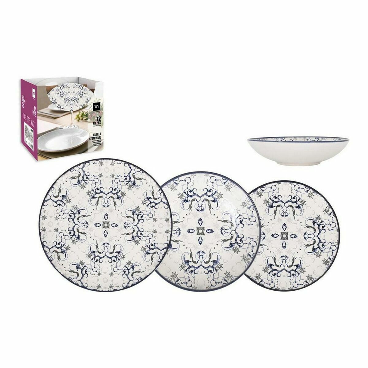 Posliini astiasetti 12 osaa, 2 kpl pakkaus - sinivalkoinen kuvio Ø26/21/20 cm
