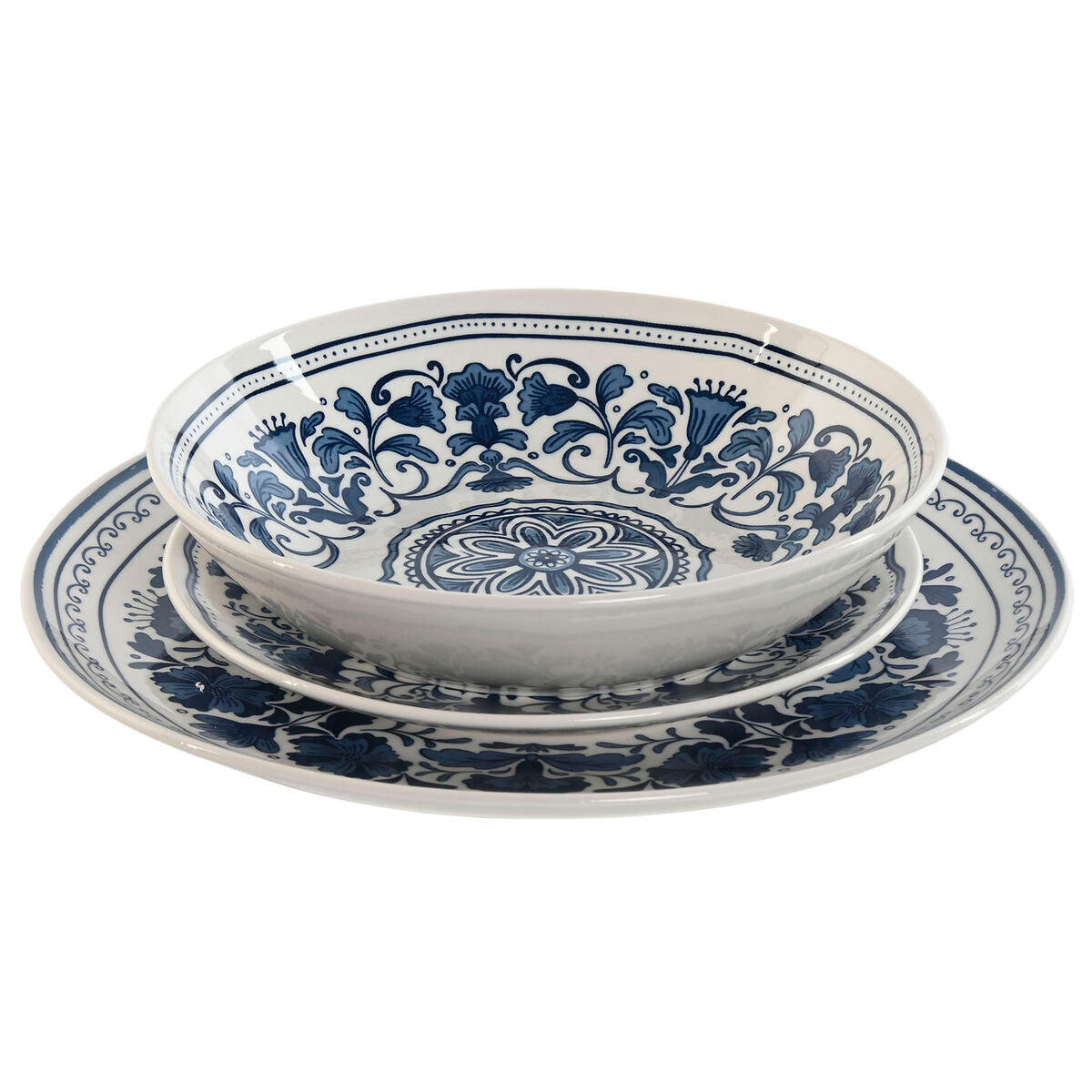 Posliiniastiasto 18-osainen sinivalkoinen arab-kuvio, lautaset & kulhot 27 cm