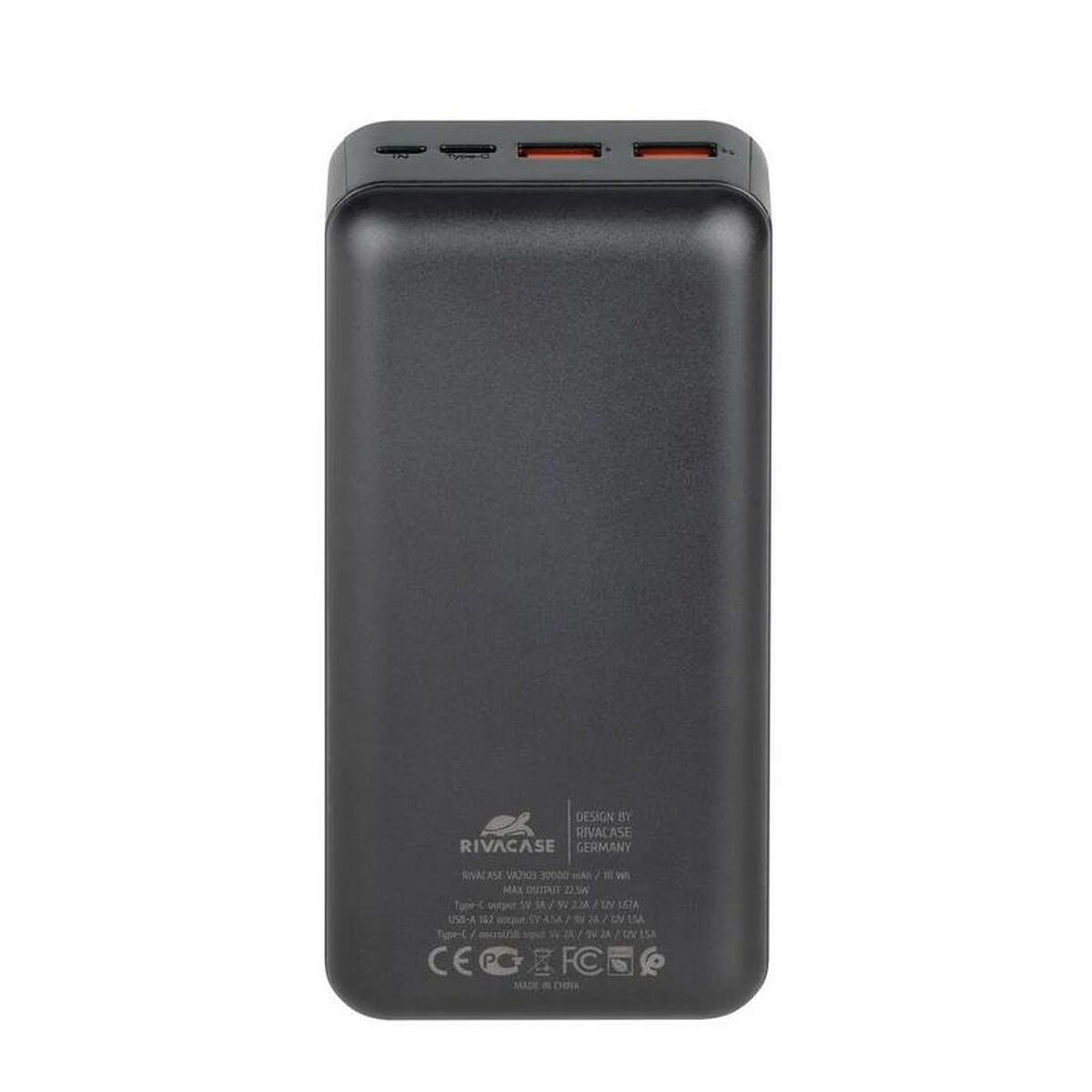 Powerbank 30000 mAh USB-C, EU-pistoke, musta - matkalle sopiva varavirtalähde