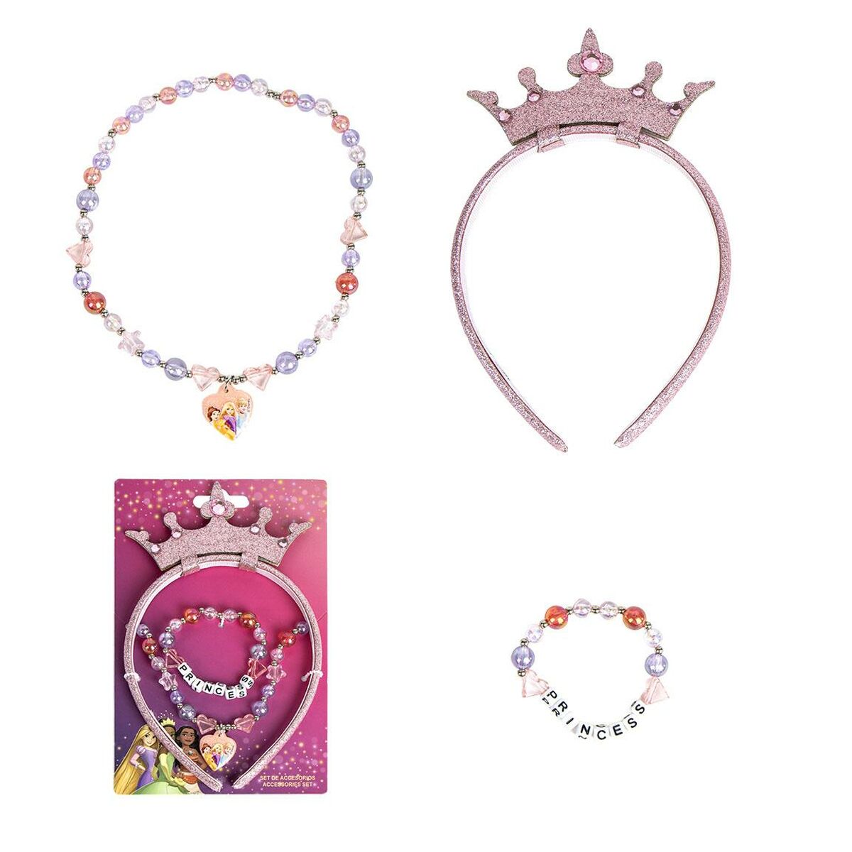 Prinsessakorusetti 3 osaa, pinkki - rannekoru, kaulakoru & hiuspanta lapsille Disney