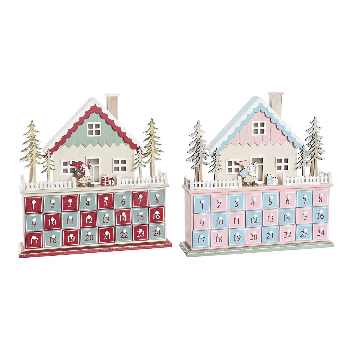 Adventtikalenteri puinen LED 24 luukkua, joulukoriste - 2 kpl, 32 x 8 x 33 cm