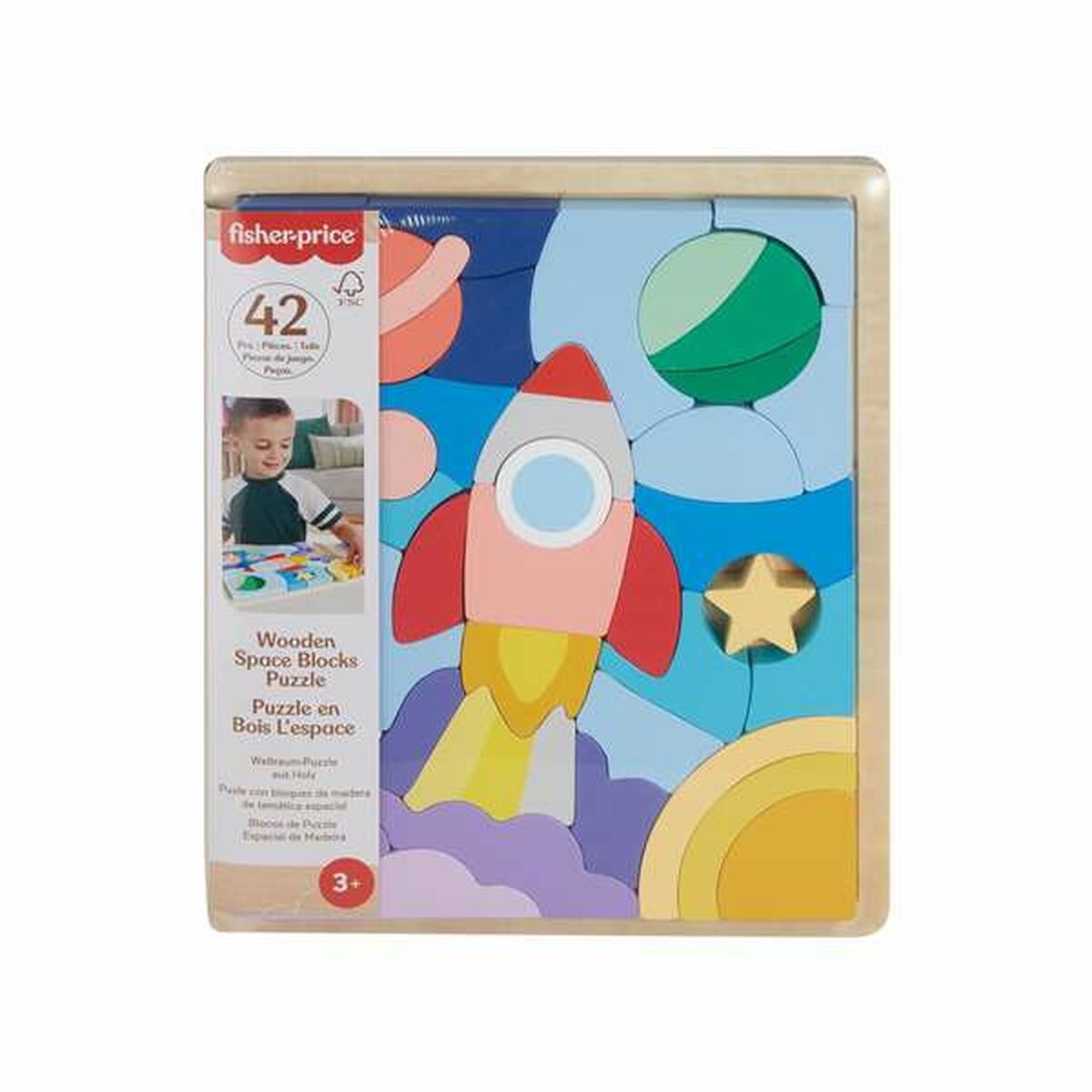 Puupalapeli 42 osaa avaruus, 3+ lapsille, värikäs lasten palapeli Fisher-Price
