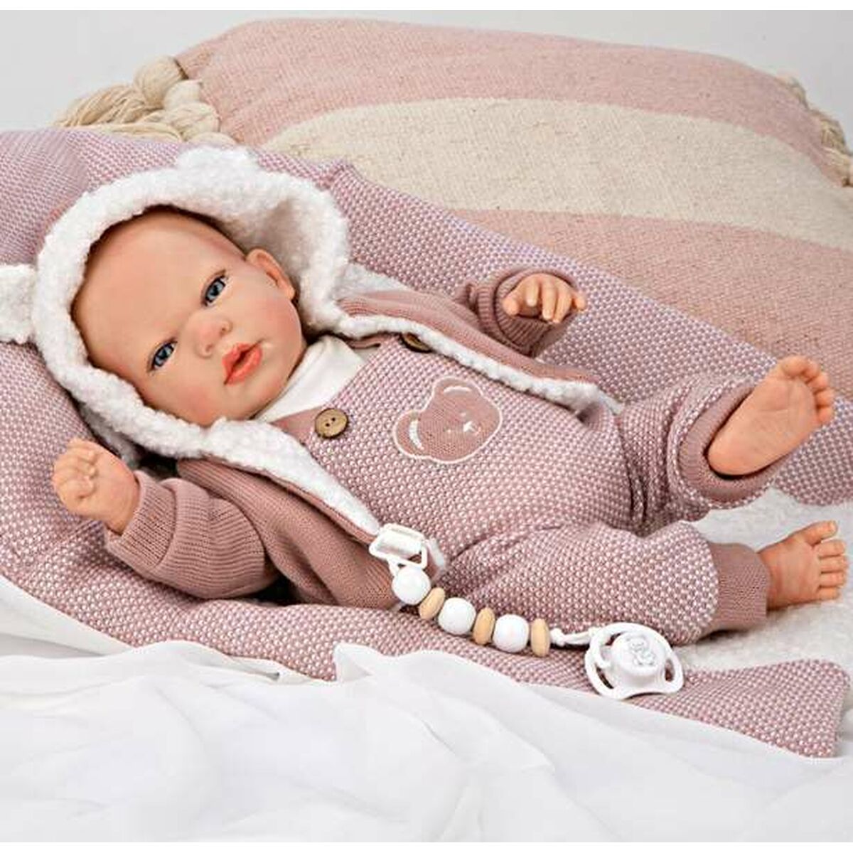 Reborn-nukke 40 cm, realistinen vauvanukke vaaleanpunaisessa puvussa ja viltti
