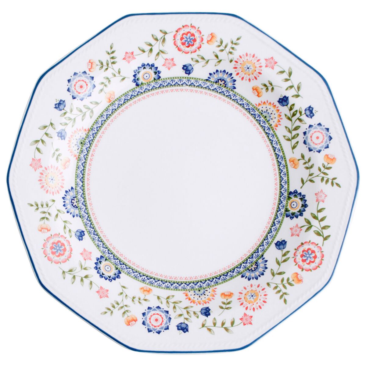 Ruokailulautanen 27 cm keramiikka, kukkakuvio, kulmikas, pinottava 6 kpl