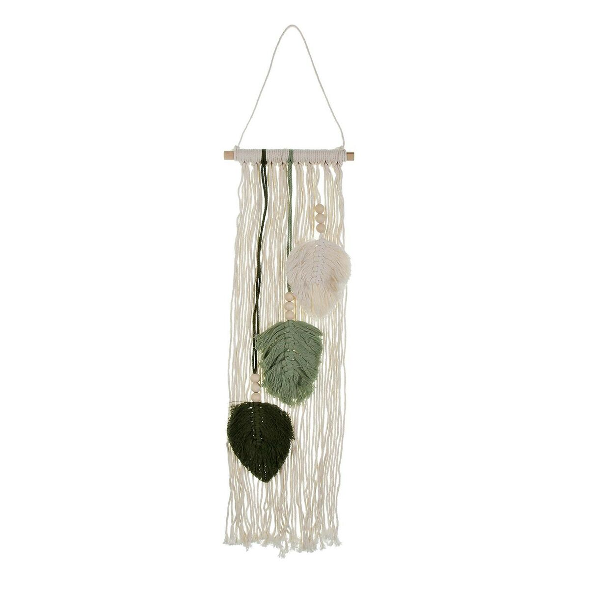Seinäkoriste makramee 66 x 20 cm, vihreät lehdet boho-tyylinen, puuhelmet