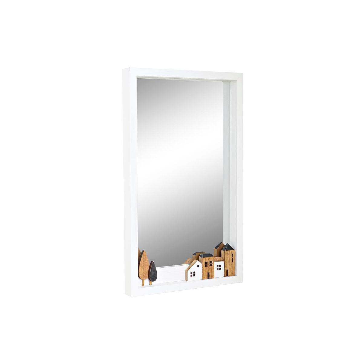 Seinäpeili 60 x 36 cm valkoinen, talot‑kuvio puurunko seinälle, eteiseen
