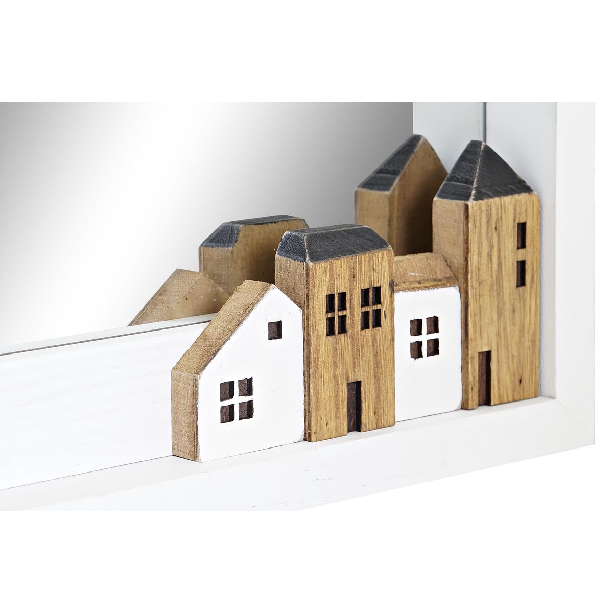 Seinäpeili 60 x 36 cm valkoinen, talot‑kuvio puurunko seinälle, eteiseen