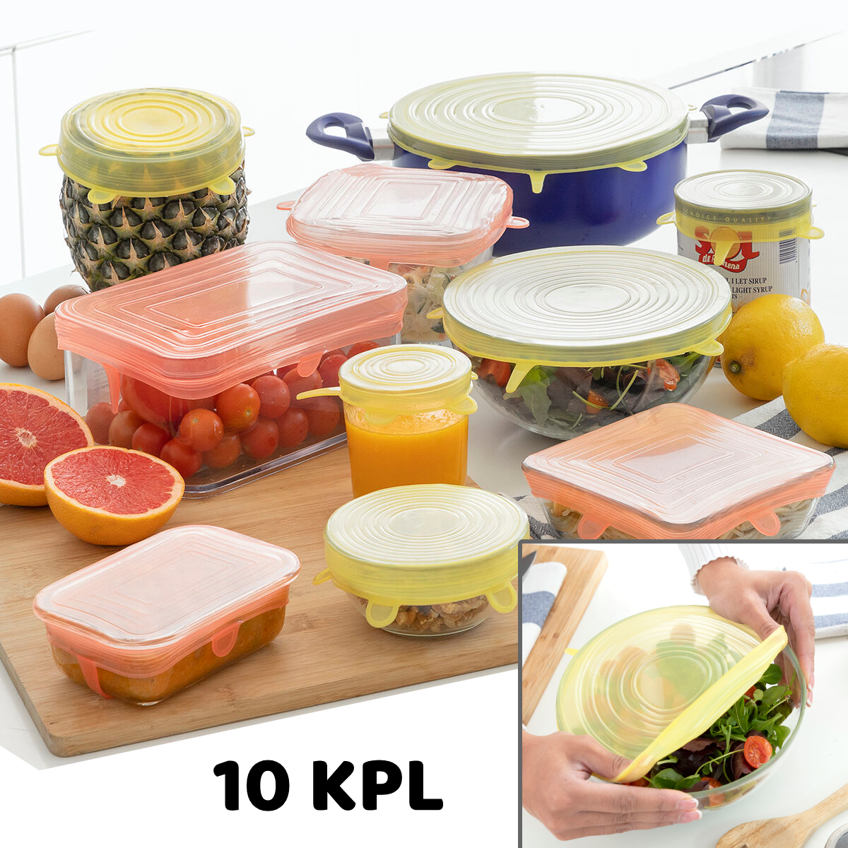 Silikoniset venyvät kannet, 10 kpl - ilmatiiviit, mikroon & pakkasen kestävät – silikonikannet mikroaaltouunin kestävä – k…