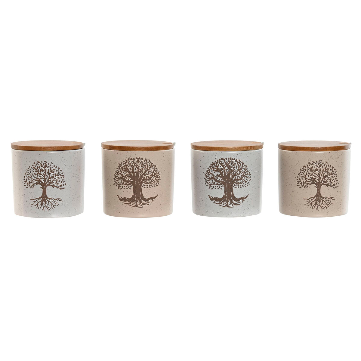 Sokeriastiasarja 4 kpl, keramiikka bambukannella 9,5 cm, elämänpuu, valk/beige