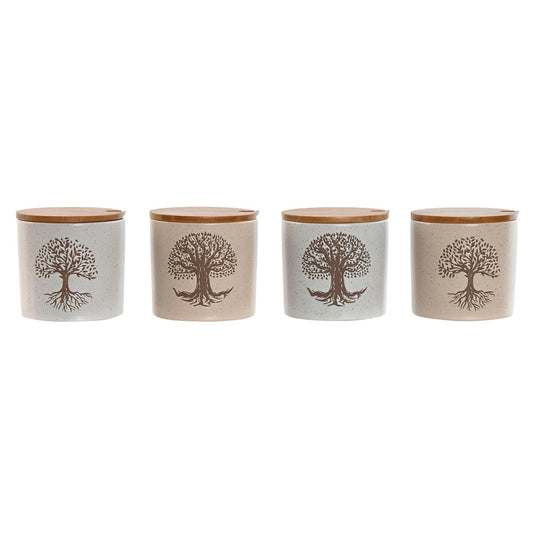 Sokeriastiasarja 4 kpl, keramiikka bambukannella 9,5 cm, elämänpuu, valk/beige