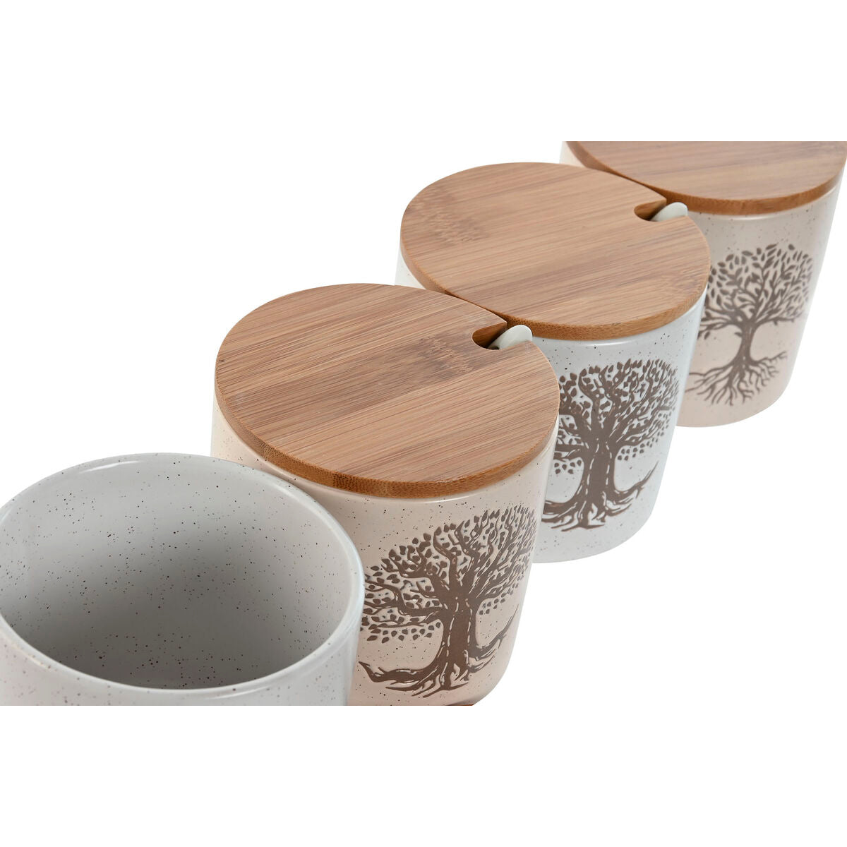 Sokeriastiasarja 4 kpl, keramiikka bambukannella 9,5 cm, elämänpuu, valk/beige