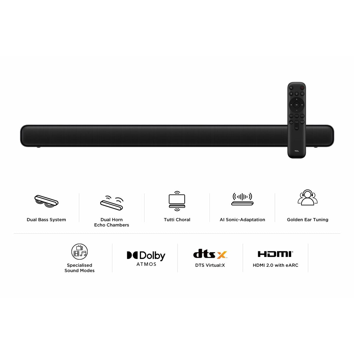 Soundbar 2.0 100 W Bluetooth eARC, Dolby Atmos TV:lle, HDMI 2.1, musta, 81 cm