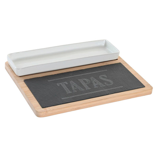 Tapas tarjotin liuskakivellä 24 x 7 x 2,5 cm, bambu alkuruokasetti, keraamiikka