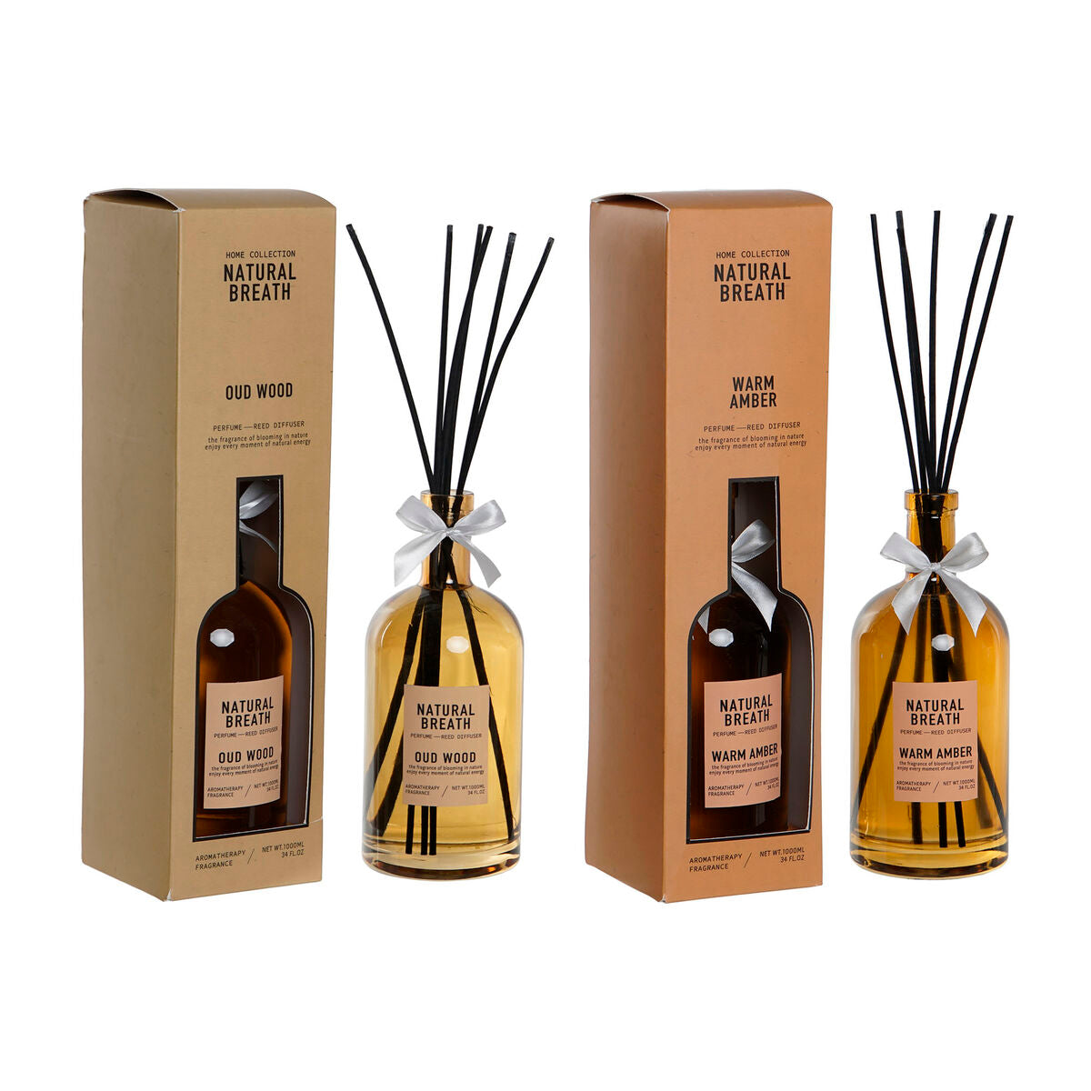 Tuoksudiffuuseri 1 l, 2 kpl - lasipullo & tuoksutikut, warm amber ja oud wood