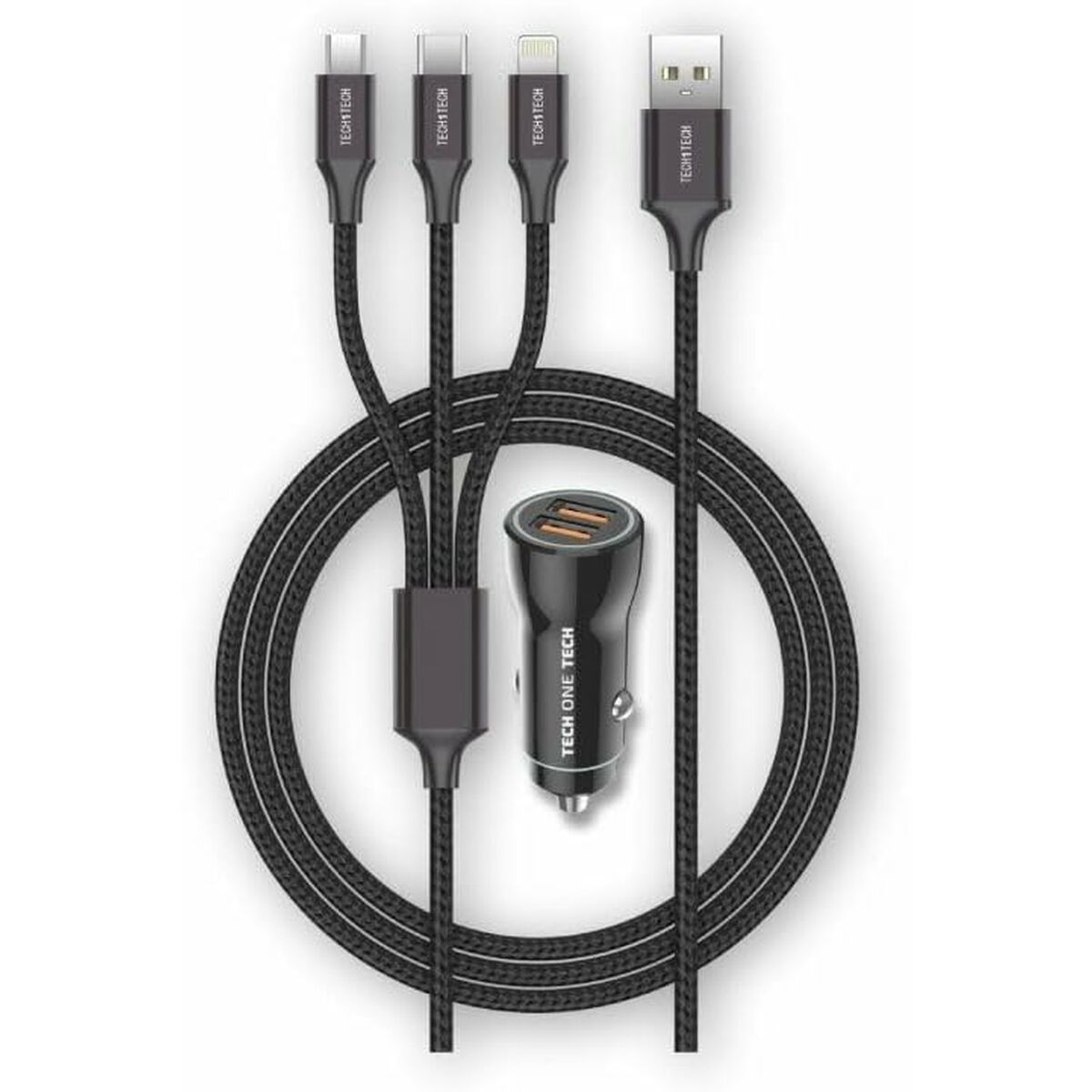 USB-autolaturi 2x USB 2,4 A autoon, mukana 1,2 m kaapeli (Micro/USB-C/Lightning)